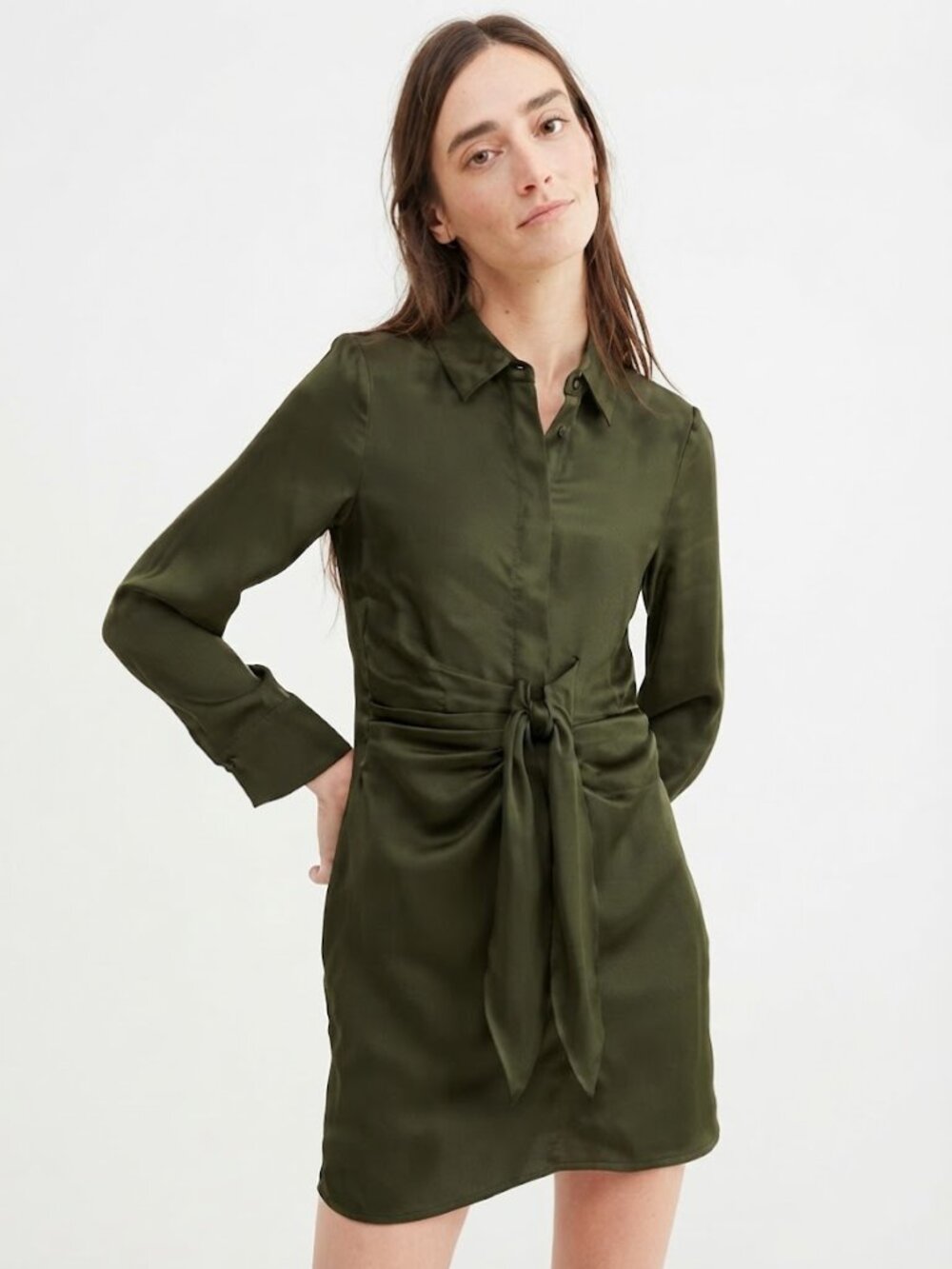 Steve Madden Satin Tie-Front Mini Shirt Dress Olive Green Size Small Cocktail